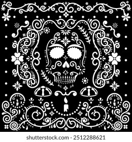 Dekorative Vorlage im Papel Picado Stil für Tag der Toten mit Blumendekorationen und mexikanischen Ornamenten. Papel Picado Design mit Totenkopf und Blumen für den Tag der Toten in Schwarz und Weiß.