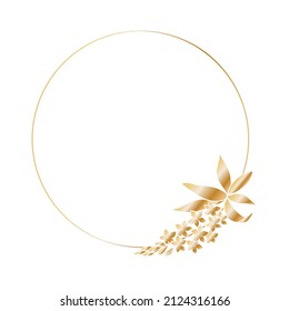 Decorative template with a round frame with a bouquet of a blossoming branch of spring flowers for holiday design cards, congratulations, flyers, letterheads. Freehand drawing, golden gradient.