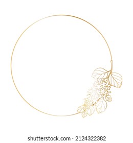 Decorative template with a round frame with a bouquet of flowering spirea branch for holiday design cards, congratulations, flyers, letterheads. Freehand drawing, golden gradient.