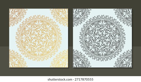 Una Plantilla decorativa que muestra un elemento de mandala detallado, presentado tanto en esquemas de color dorado como negro. Este versátil activo es adecuado para fondos, invitaciones o diseños mejorados que requieren un toque intrincado.