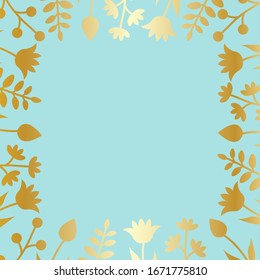 Decorative template with square floral ornament. Gold floral frame with wild flowers and tulips. Vector illustration EPS10