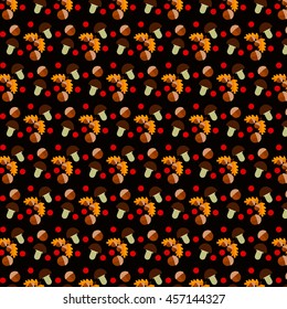 Decorative template texture with autumn leaves, mushrooms and red berries on black background
