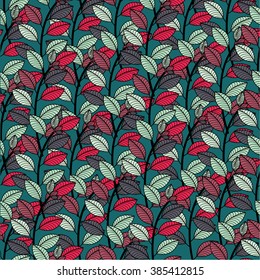  Decorative template texture with green leaves. Stylized leaf pattern can be used for wallpaper, cover fills, web page background, surface textures. Vector linen texture.