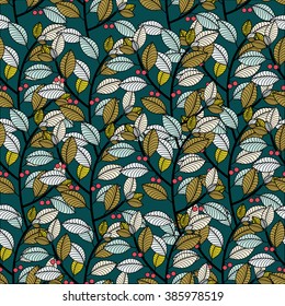 Decorative template texture with green leaves. Stylized leaf pattern can be used for wallpaper, cover fills, web page background, surface textures. Vector linen texture.