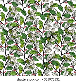 Decorative template texture with green leaves. Stylized leaf pattern can be used for wallpaper, cover fills, web page background, surface textures. Vector linen texture.