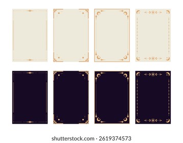 Decorative templates for tarot cards with magical celestial elements. Tarot border frames set in black and white colors. Vector illustration 