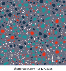 Decorative terrazzo seamless pattern. Small scattered stone and rock particles decorative endless texture. Textile, tile design, fabric print, wrapping paper, wallpaper, flooring. Vector illustration.