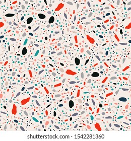 Decorative terrazzo seamless texture pattern. Chaotic stone pieces and glass fragments background. Wallpaper, wrapping paper, textile geometric design. Vector illustration.