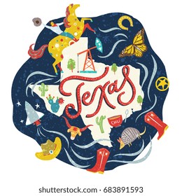 Mapa decorativo de Texas USA con símbolos de estado y letras - ilustración creativa vectorial única dibujada a mano. Para imprimir, afiche, tarjeta de felicitación, banner, portada de guía de viaje, banner de turismo. 