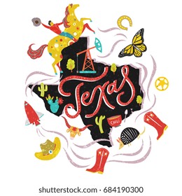 Decorative Texas USA map with state symbols and lettering - hand drawn unique creative vector illustration. For print, poster, greeting card, banner, travel guide cover, tourism banner. 