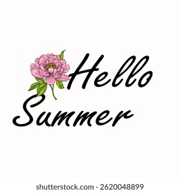 A decorative text design featuring the phrase 'Hello Summer' with a pink peony flower illustration. The text is stylish and inviting, perfect for summer-themed graphics.