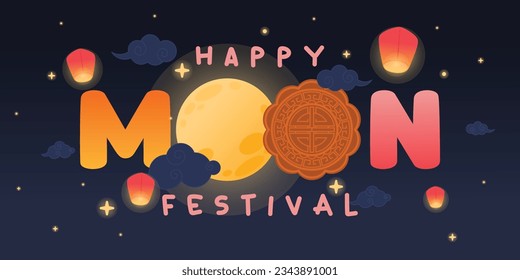 Decorative Text Design Traditional Chinese Moon Festival with Glowing Lantern and Cloud Design for Mid Autumn Celebration, Vector, Illustration