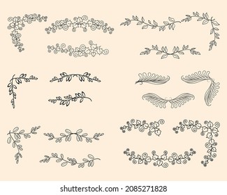 Decorative text dividers. Floral border ornament, vintage hand drawn corner ornaments and vector calligraphic dividers set. Curly branches.