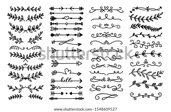 Decorative text dividers. Floral ornament border,\
vintage hand drawn decorations and flourish sketch calligraphic\
divider vector set. Curly branches. Swirly design elements, antique\
decor