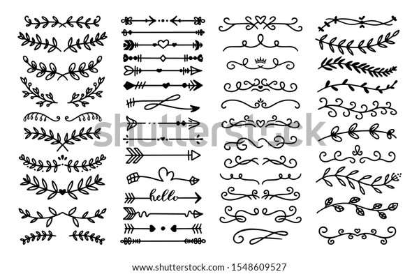 装飾的なテキスト分割線 花柄飾りの縁取り ビンテージ手描きのデコレーション 華やかなスケッチの分割ベクター画像セット 巻き毛の枝 渦巻くデザインエレメント アンティークデコール のベクター画像素材 ロイヤリティ フリー