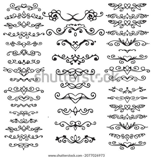 Decorative text dividers. Floral ornament border,\
vintage hand-drawn decorations, and flourish sketch calligraphic\
divider vector set. Curly branches. Swirly design elements, antique\
decor\
