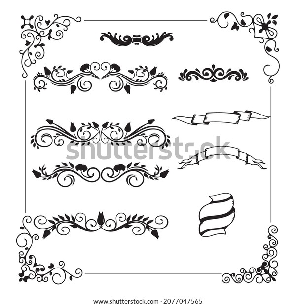 Decorative text dividers. Floral ornament border,\
vintage hand-drawn decorations, and flourish sketch calligraphic\
divider vector set. Curly branches. Swirly design elements, antique\
decor\
