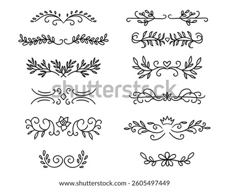 Decorative text dividers, monogram patterns, plant elements for design. Handmade style.