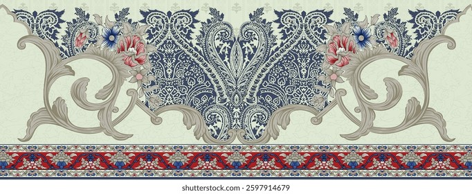 decorative textile design featuring a central paisley motif flanked by ornate scrollwork and floral accents, with a detailed border pattern, for textile, wallpaper, gift wrapping.