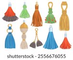 Decorative textile tassels. Fabric brushes for fringe. Threads earring. Key chains. Hanger charms trinkets. Macrame accessories. Curtain rope decor. Cord embellishment