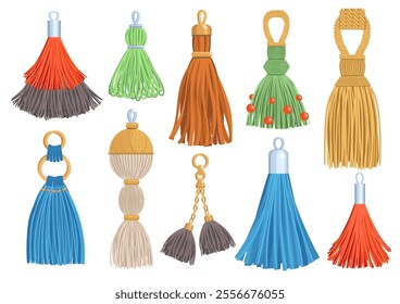 Decorative textile tassels. Fabric brushes for fringe. Threads earring. Key chains. Hanger charms trinkets. Macrame accessories. Curtain rope decor. Cord embellishment