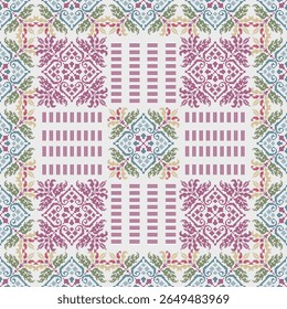 Decorative textiles in a soft pastel palette of pink, blue, and green with pixelated element