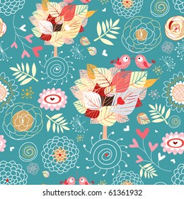 Decorative texture with autumn trees and birds in love