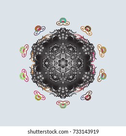 Decorative Texture Background of Mandalas. Design for Fabric or Wallpaper. Stylized Flowers. Vector illustration. Lacy Fashion Print for Textile. Ethnic of Lace Snowflakes. Folk Style.
