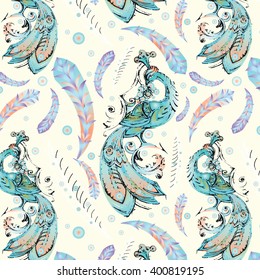 Decorative texture with blue fire bird in crown on light beige background with abstract feathers 