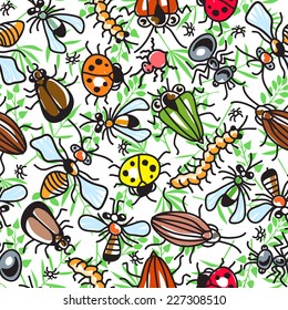 Decorative texture consisting of images of insects. Seamless pattern on the transparent background. Vector illustration