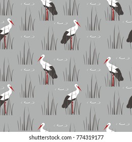 Decorative texture with cranes and cane. Seamless pattern vector