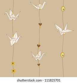 Decorative texture with paper cranes and threads. Seamless pattern with paper cranes and beads