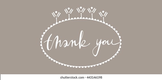 Decorative thank you tag with stylized branches white. Vector illustration. Hand lettering. Can be used as a tag for purchases, greeting card, or decorative element for your creative designs.