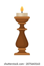 Decorative thin bronze candlestick with burning candle isolated on white background