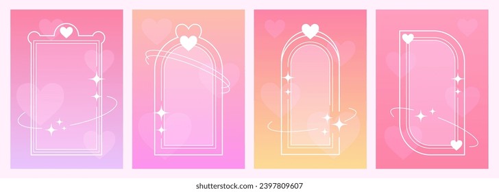 Decorative thin frames, Valentine day templates, empty borders in Y2K aesthetic on a gradient soft backgrounds. Vector illustration.