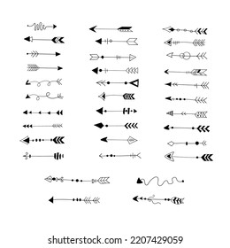 Decorative thin line arrows sketch set. Hand drawn black doodle dividers, ornamentals vintage scribble arrows, line separators isolated on white background. Vector illustration