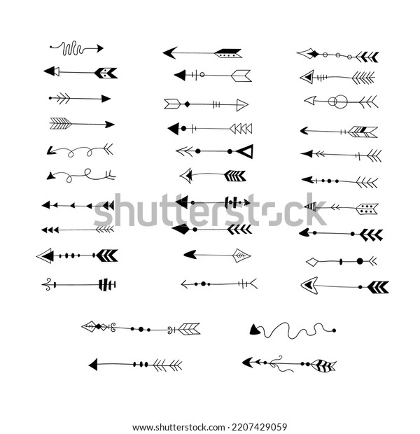Decorative thin\
line arrows sketch set. Hand drawn black doodle dividers,\
ornamentals vintage scribble arrows, line separators isolated on\
white background. Vector\
illustration