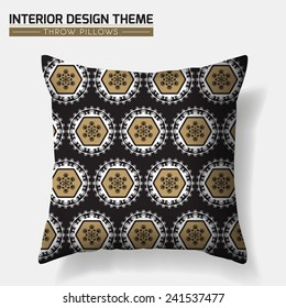 Decorative Throw Pillow design Round pattern in Black & Gold. Original geometric seamless pattern is masked. Interior design element. Creative Sofa Cushion. Vector template is layered, editable.  