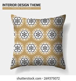 Decorative Throw Pillow design Round motif pattern in Black & Gold. Original geometric pattern is masked. Interior design element. Creative Sofa Cushion. Vector template is layered, editable