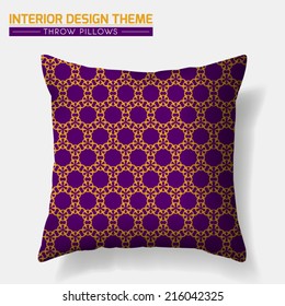 Decorative Throw Pillow design template. Geometrical seamless pattern in purple & orange is complete, masked. Modern interior design element. Editable eps10 file is layered contains the pattern swatch