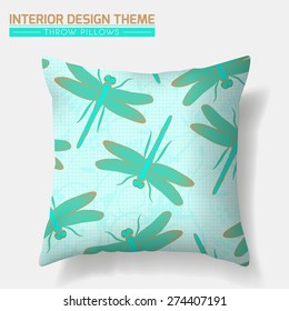 Decorative throw pillow design template in Eco style. Original Dragonfly seamless pattern in turquoise & gold is complete, masked. Interior design element. Sofa cushion. Vector is layered, editable