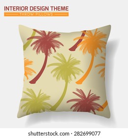 Decorative Throw Pillow design template. Original Coconut Palm Trees pattern is complete, masked. Modern interior design element. Creative Sofa Cushion. Vector design template is layered, editable