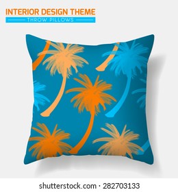 Decorative Throw Pillow design template. Original Coconut Palm Trees pattern is complete, masked. Modern interior design element. Creative Sofa Cushion. Vector design template is layered, editable 