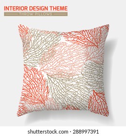 Decorative Throw Pillow design template. Original Coral pattern in gold & orange is complete, masked. Modern Interior design element. Creative Sofa Toss Pillow. Vector design is layered editable.