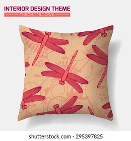 Decorative throw pillow design template in Eco style. Original Dragonfly pattern in Red is complete, masked. Interior design element. Creative sofa cushion. Vector is layered, editable