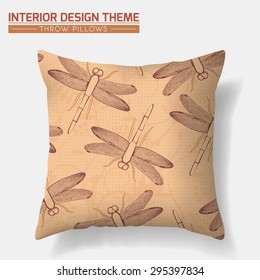 Decorative throw pillow design template in Eco style. Original Dragonfly pattern in terracotta is complete, masked. Interior design element. Creative sofa cushion. Vector is layered, editable