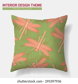 Decorative throw pillow design template in Eco style. Original bright summer  Dragonfly pattern is complete, masked. Interior design element. Creative sofa cushion. Vector is layered, editable