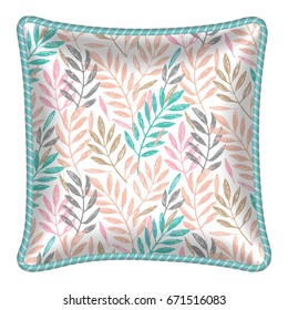 Decorative throw pillow with leaves pattern applied. Patterned cushion. Tropical leaves foliage pattern. Vector illustration.