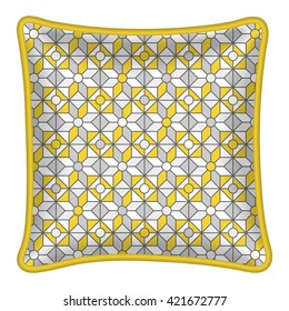  Decorative throw pillow, patterned pillowcase. Isolated on white. Vector illustration. Cushion pillow with grey and yellow abstract geometric pattern 