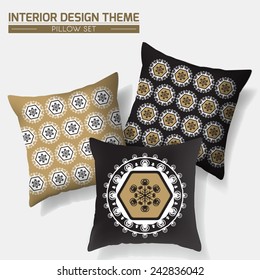 Decorative Throw Pillow set design in Black & Gold. Original geometric pattern is masked. Modern Interior design element. Creative Sofa Cushion set. Vector template is layered, editable.